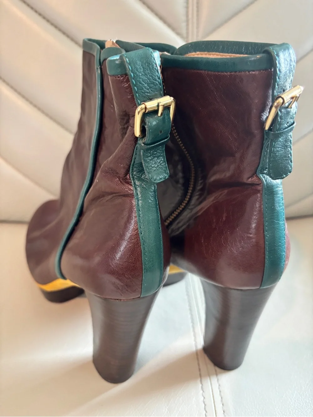Nine West Size 11 “Nwanka” Women’s Burgundy Leather Ankle Boots,Teal Trim Buckle